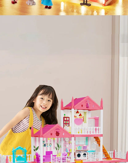 3D DIY Mini Princess Castle Villa Assembly Toy House with LED Lights – Creative Doll House Accessories Set, Girl Birthday Gift