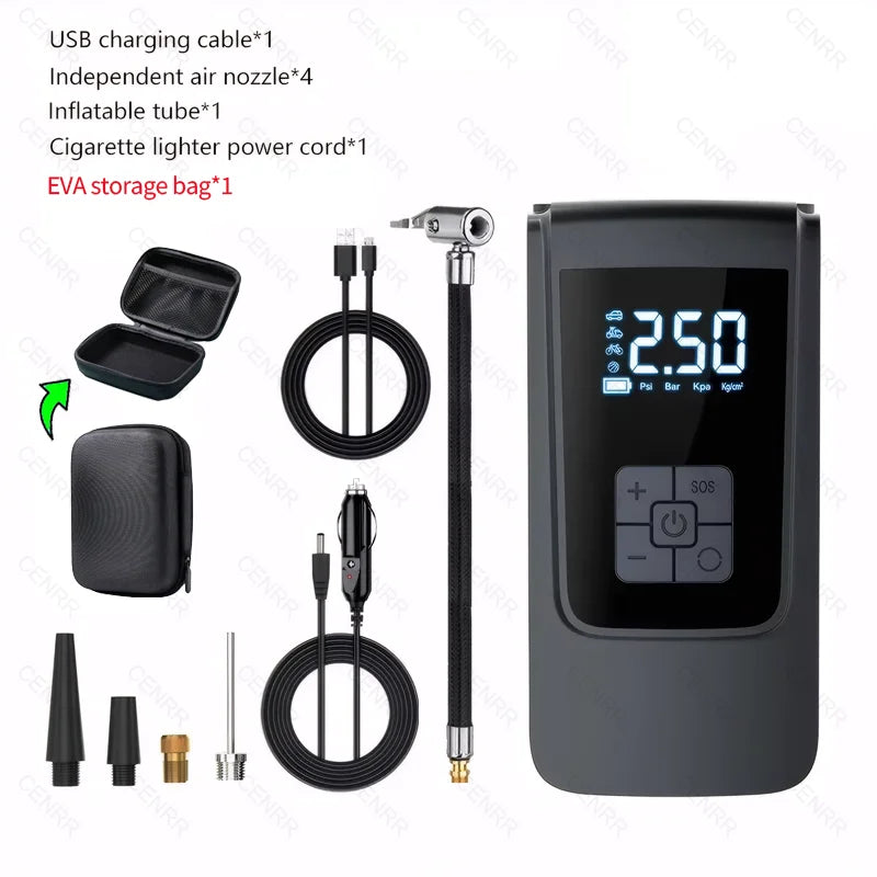Compresor de aire inalámbrico portátil para inflar neumáticos – Bomba de aire eléctrica digital LCD para coches, motocicletas, bicicletas y balones deportivos
