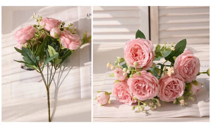 30cm Pink Silk Peony Rose Bouquet – Artificial Flower Arrangement with 5 Large Blooms & 4 Buds, Realistic Faux Floral Bouquet for Wedding, Bridal Décor, Home Decoration & DIY Crafts