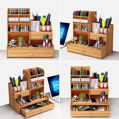 Organizador de escritorio de madera – Caja de almacenamiento de bricolaje para escritorio con cajón, portalápices de gran capacidad para organización de papelería de oficina, escuela y hogar