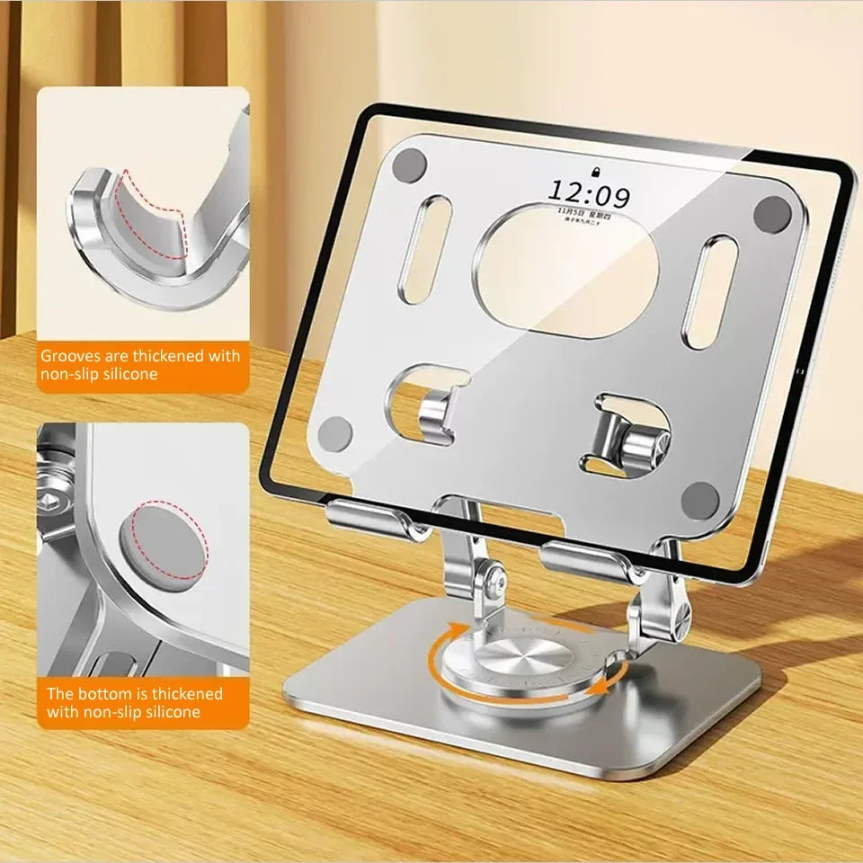 360° Rotating Tablet Stand – Adjustable Foldable Aluminum Holder for iPad Pro, iPad Air, iPad Mini & Smartphones, Desktop Device Stand