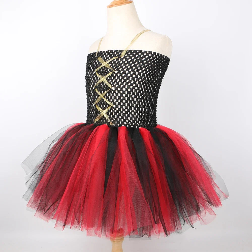 Girls' Pirate Costume Dress Black and Red Tulle Tutu Princess Outfit for Kids, Toddler Halloween Carnival Party Dress-Up Clothes