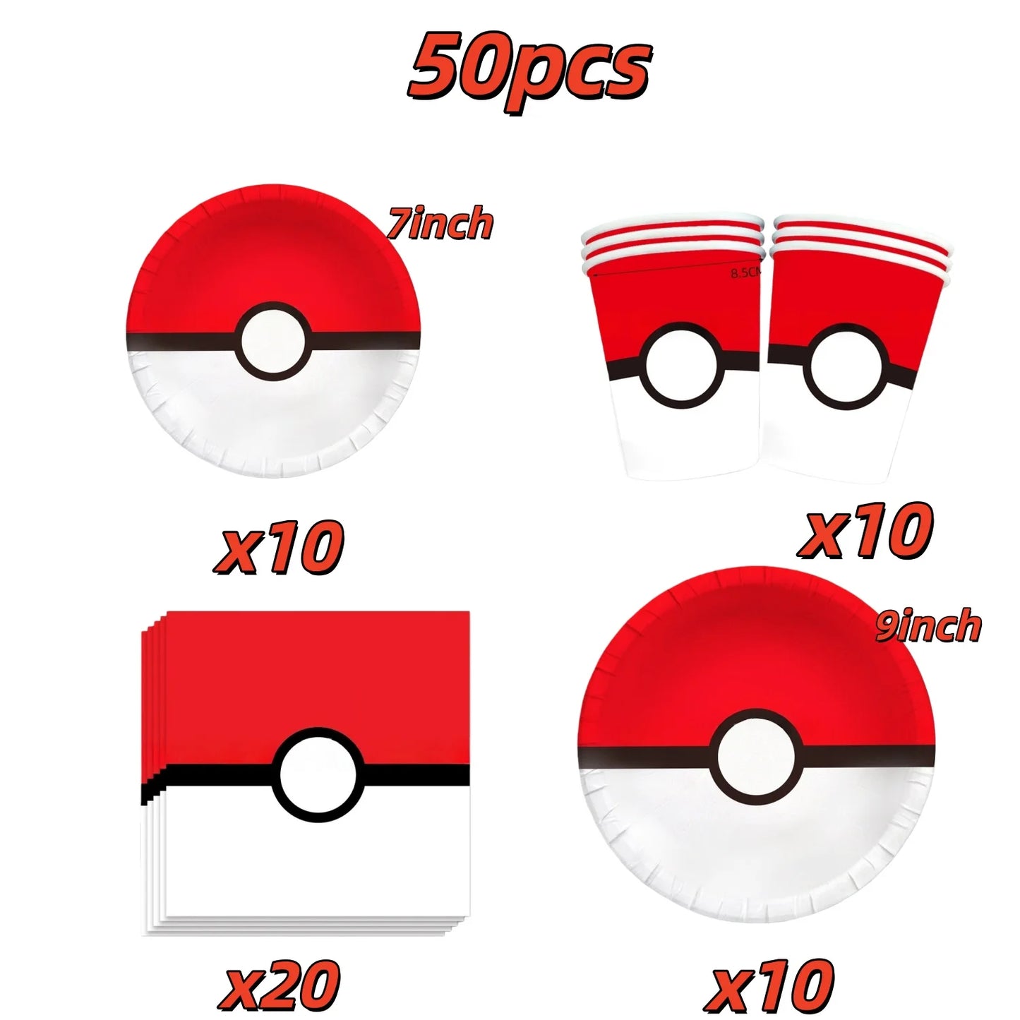 Pokémon Pokéball Birthday Decorations Tableware Set – Paper Plates, Cups & Napkins Party Supplies for Kids, Girls & Boys Birthday Celebration