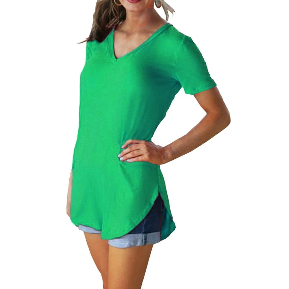 Women's Summer V-Neck Blouse – Solid Color Short-Sleeve Loose T-Shirt with Curved Hem, Casual Lightweight Top for Everyday Wear