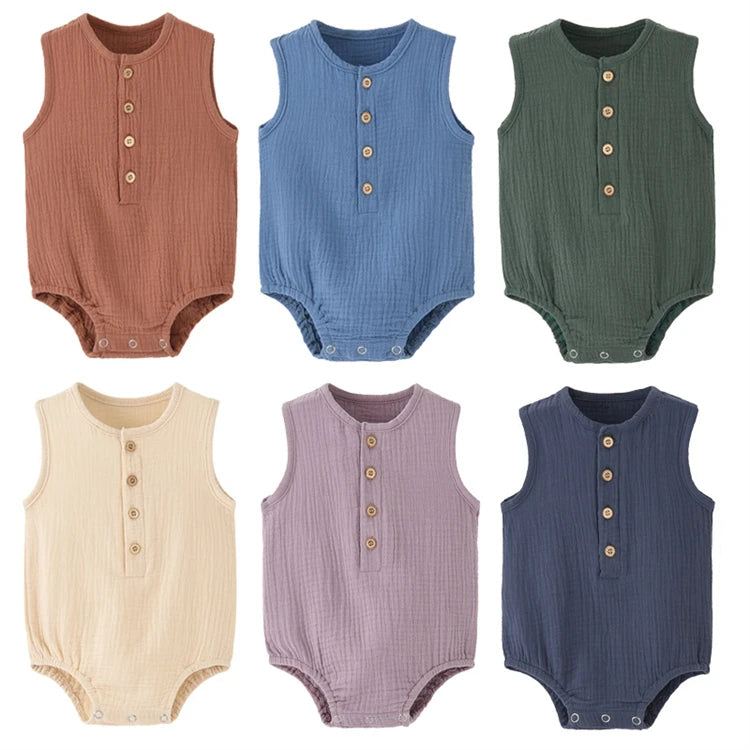 Mameluco de verano 100% algodón y lino para recién nacidos – Bodysuit sin mangas suave y transpirable para bebés y niñas