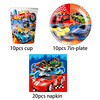 Happy Wheels Racing Party Tableware Set – Racing-Themed Paper Cups, Plates & Banner Decorations with Party Favors for Boys' Birthdays