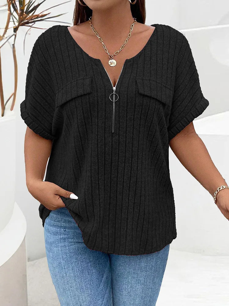GIBSIE Plus Size Women's Ribbed T-Shirt – O-Neck Short Sleeve O-Ring Zip Front Casual Summer Top