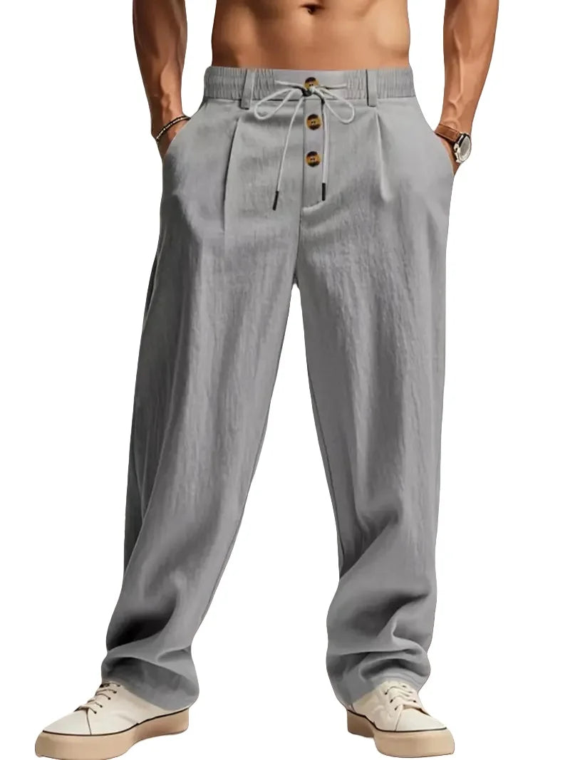 Men's Cotton Linen Casual Pants Breathable Loose Straight Leg Beach & Outdoor Trousers