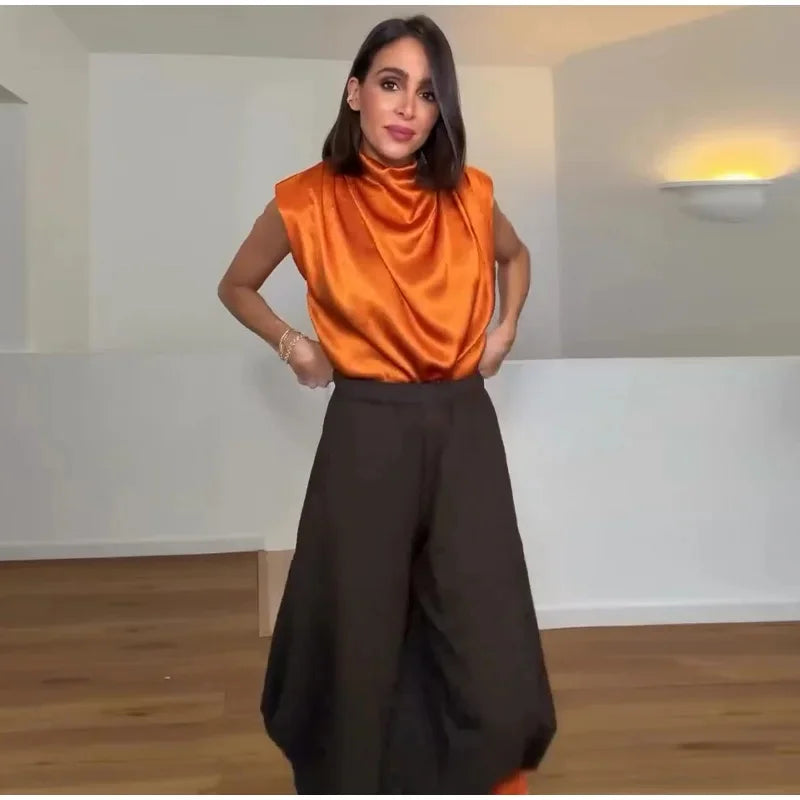 Women’s 2026 Spring Orange Sleeveless Satin Top Long Ribbon Elegant Stylish Fashion Blouse