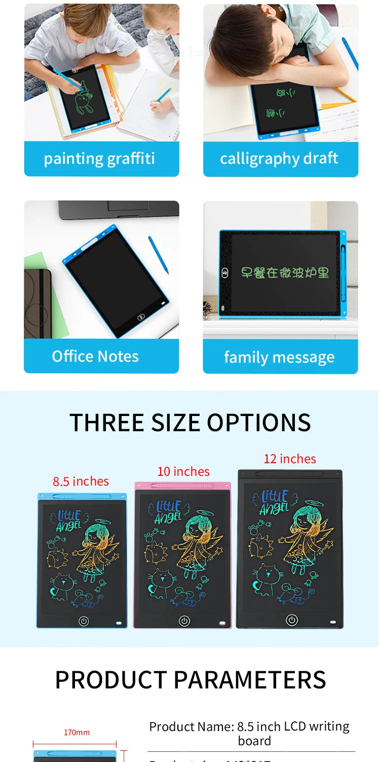 Tablette d'écriture LCD pour enfants – Planche à dessin électronique réutilisable 6,5/8,5/10/12 pouces, Pad d'apprentissage de protection des yeux avec fonction de verrouillage et d'effacement, cadeau éducatif pour enfants