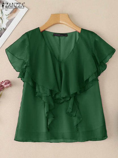 ZANZEA Women's Chiffon Blouse – Elegant Sheer Ruffle V-Neck Short Sleeve Solid Color Top for Summer