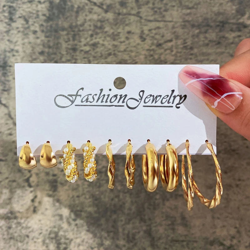 Boucles d'oreilles créoles dorées grand cercle pour femmes, ensemble bohème vintage, perle, cœur, zircon, clous, bijoux cadeau