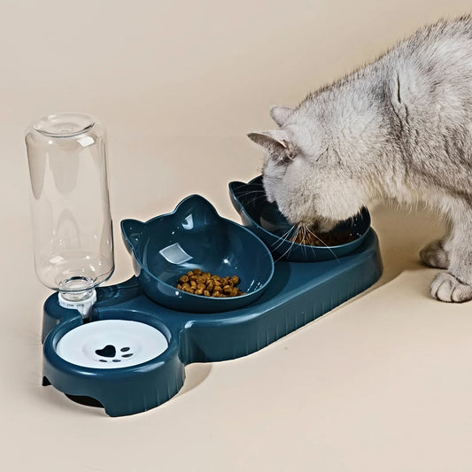 3-in-1 Tilted Cat Food & Water Bowl Set – Elevated Pet Feeder with Gravity Water Bottle, Ear Design & Neck-Friendly Bowl