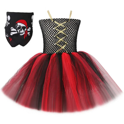Girls' Pirate Costume Dress Black and Red Tulle Tutu Princess Outfit for Kids, Toddler Halloween Carnival Party Dress-Up Clothes