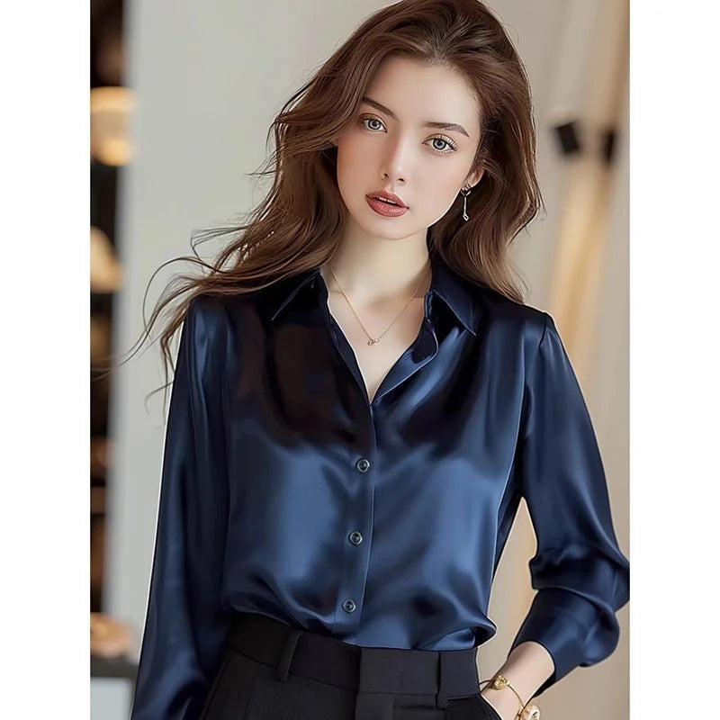 Chemisier en Soie Satinée à Manches Longues pour Femme – Chemise de Bureau Élégante Ample Boutonnée, Haut de Travail Professionnel d'Automne