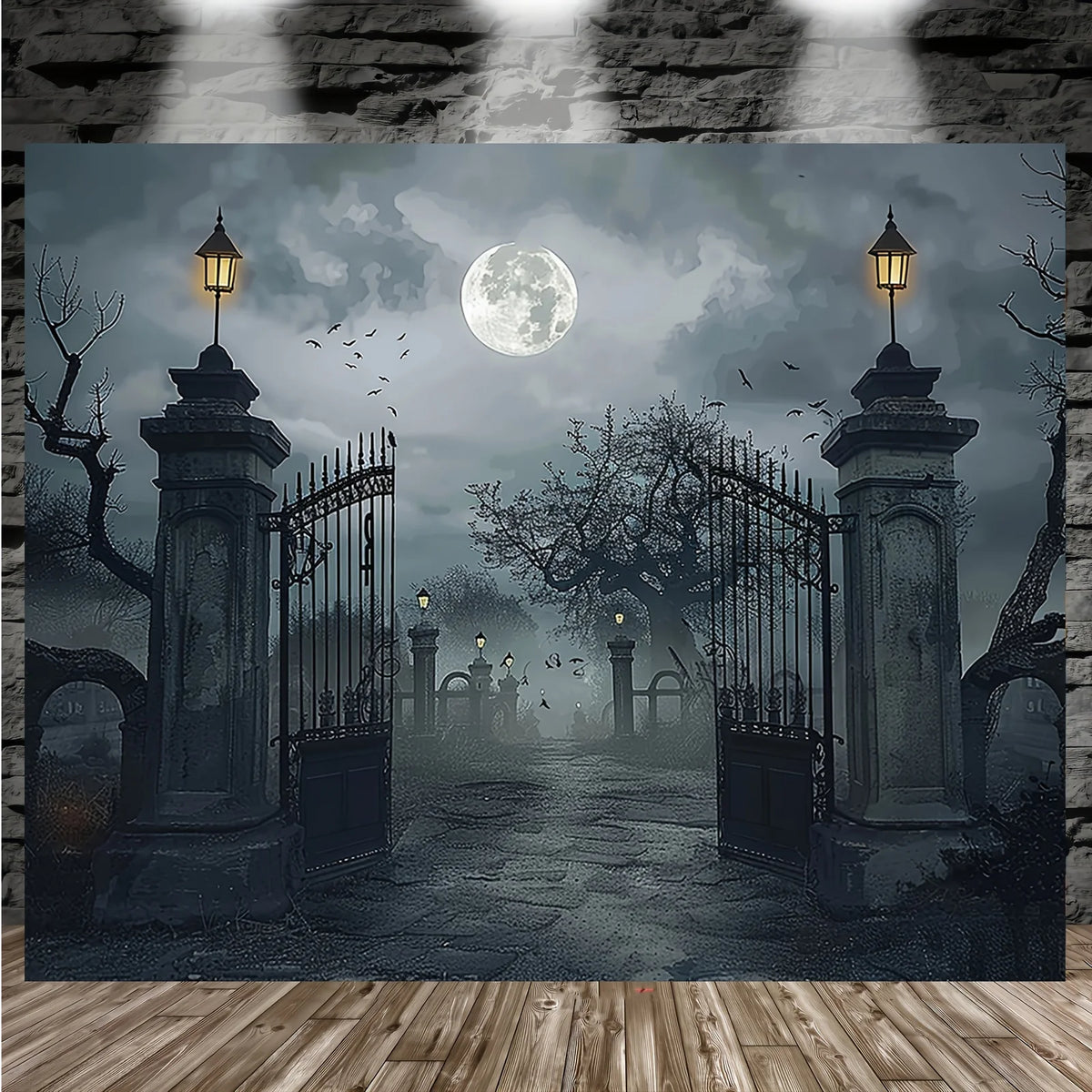Halloween Background Banner, Spooky Ghost Cemetery Backdrop with Full Moon and Bare Trees, Horror Party Decorations for Halloween Photography and Photo Booths