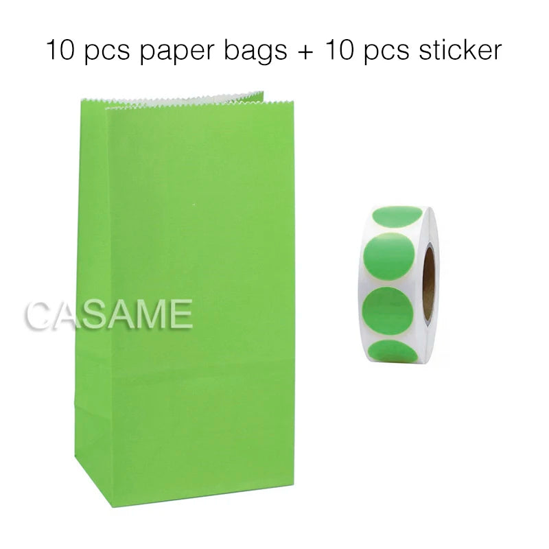 10PCS Stand-Up Colorful Gift Bags with Stickers – Solid, Striped & Polka Dot Treat Bags for Wedding, Birthday & Party Favors (18×9×6cm)
