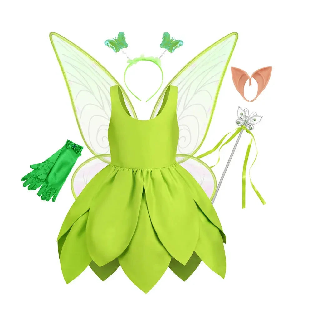 Tinker Bell Fairy Dress for Girls – Fantasy Forest Elf Green Leaf Cosplay Costume for Baby & Kids, Halloween Dress-Up