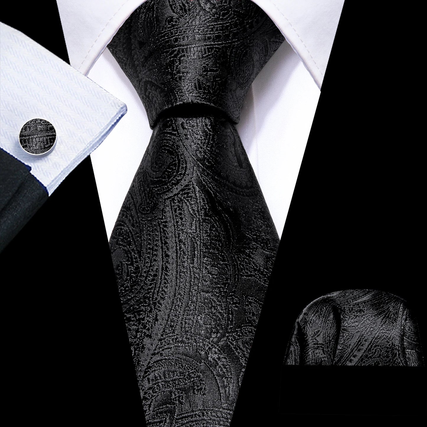 Set de corbata negra para hombre con pañuelo de bolsillo y gemelos. Corbata tejida para ocasiones formales de negocios o bodas.