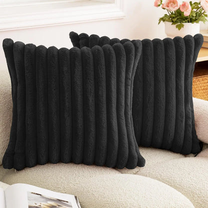 Faux Rabbit Fur Throw Pillow Cover - Ultra Soft Striped Decorative Cushion Cover for Sofa, Bed & Living Room (40x40 & 45x45 cm)