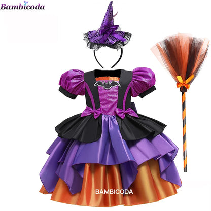 Girls Pumpkin Halloween Costume Dress – Fancy Bat Print Witch Princess Ball Gown for Cosplay, Festival & Party