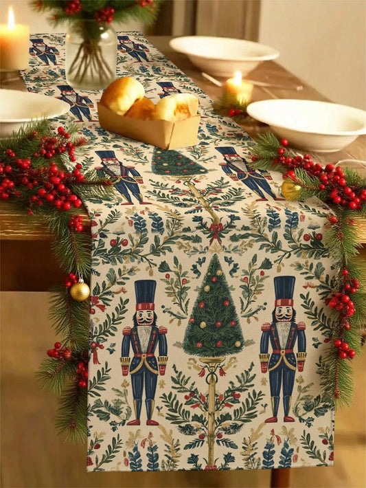 JIT 1PC Christmas Table Runner – Vintage Nutcracker & Christmas Tree Pattern Table Decor for Dining Table, Holiday Party & Home