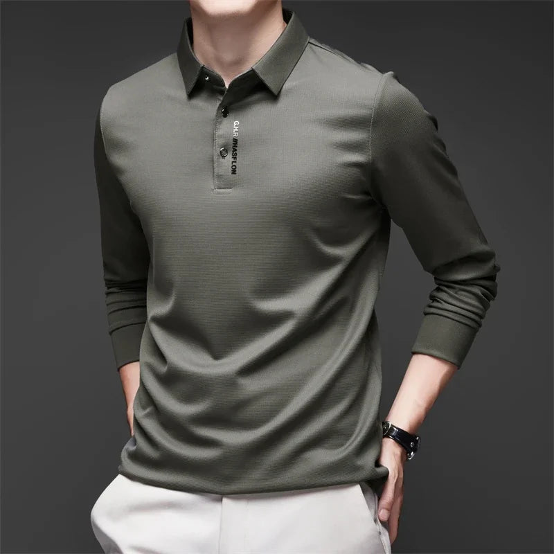 Polo à manches longues pour homme – Haut décontracté de couleur unie, respirant, confortable et tendance pour le quotidien