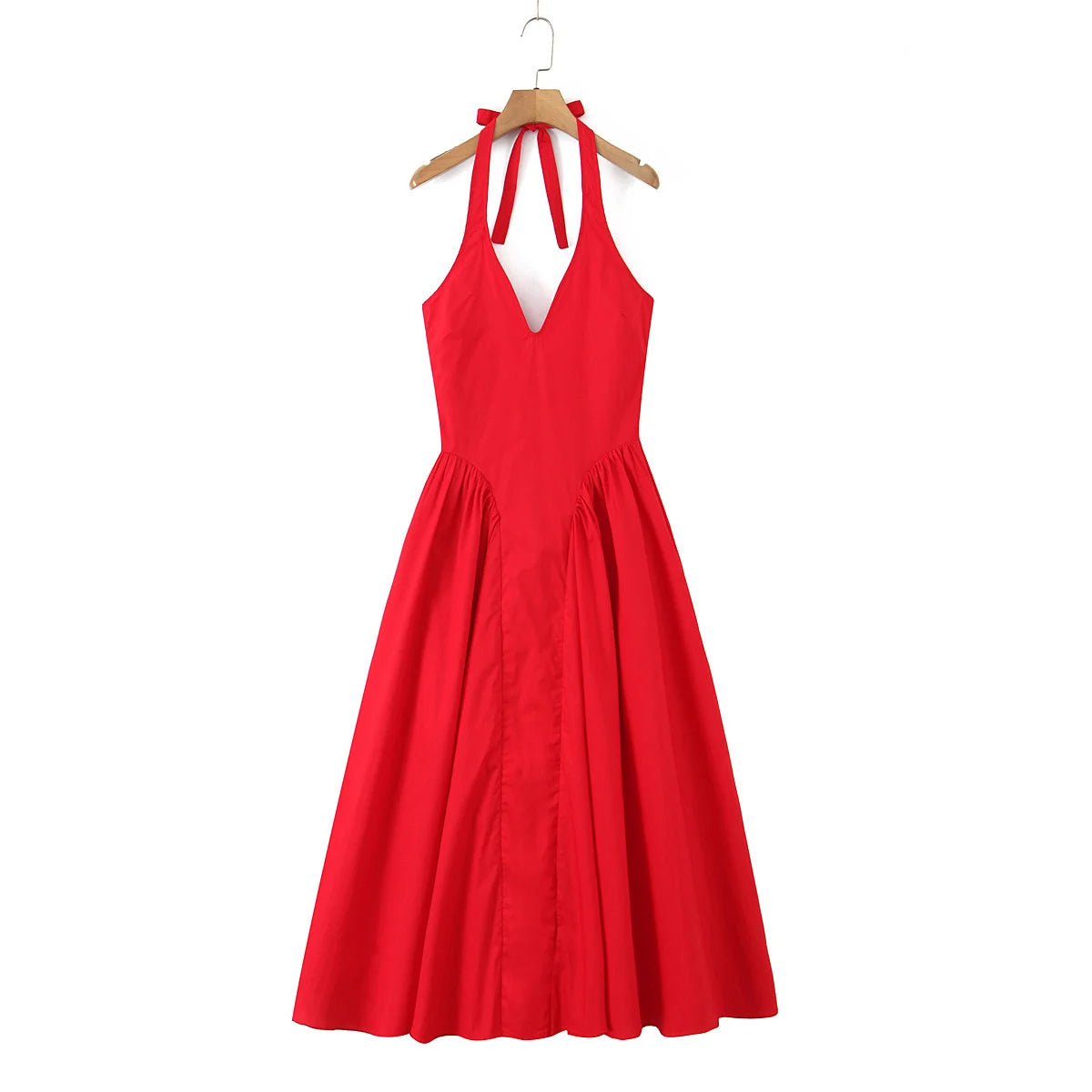 YENKYE Women’s Sexy Backless Green Halter Midi Dress Elegant Low Waist A-Line Cotton Summer Evening Party Robe