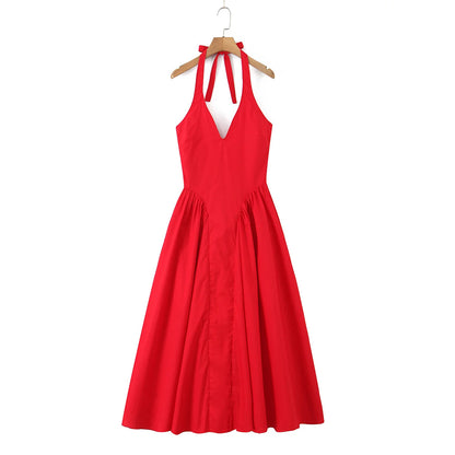 YENKYE Women’s Sexy Backless Green Halter Midi Dress Elegant Low Waist A-Line Cotton Summer Evening Party Robe