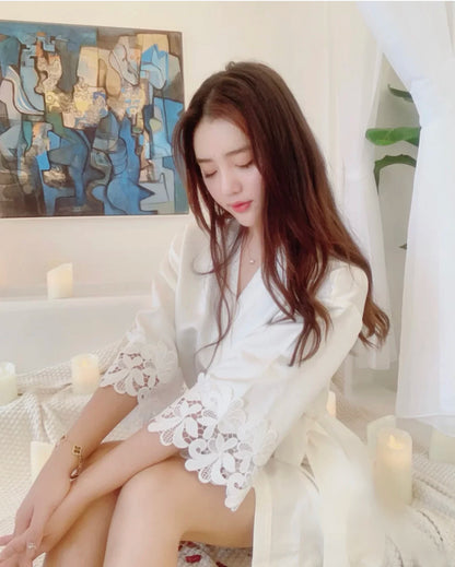 Women’s Summer Lace Kimono Robe – Bride & Bridesmaid Wedding Sleepwear Embroidered Bathrobe Night Dress