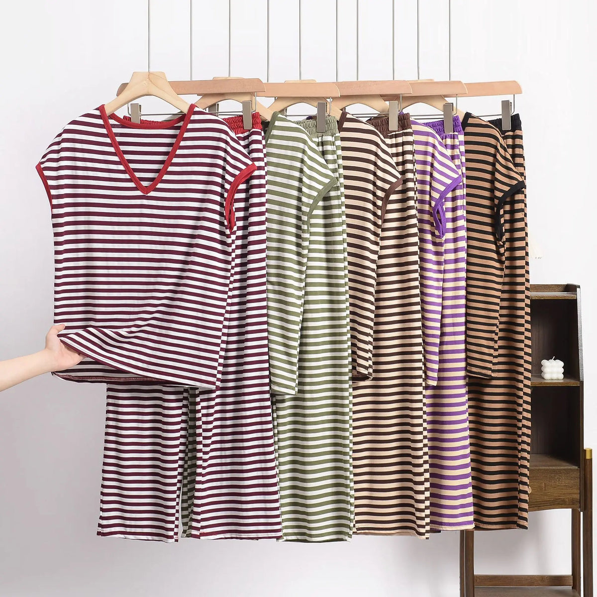 XL-8XL Plus Size Modal Pajama Set – 2PCS Short-Sleeve Striped T-Shirt & Pants, Lightweight Summer Loungewear for Home & Sleep
