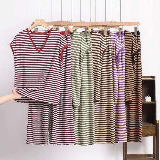 XL-8XL Plus Size Modal Pajama Set – 2PCS Short-Sleeve Striped T-Shirt & Pants, Lightweight Summer Loungewear for Home & Sleep