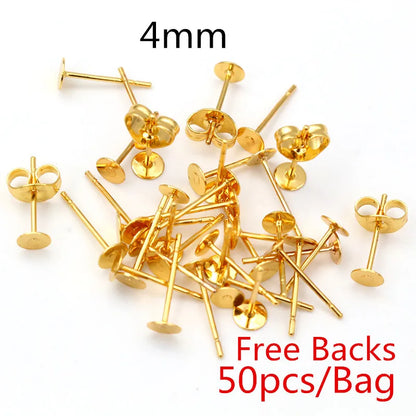 Clous de boucles d'oreilles en acier inoxydable doré, 50 à 100 pièces, avec attaches – Tiges de base vierges pour la fabrication de bijoux et boucles d'oreilles DIY