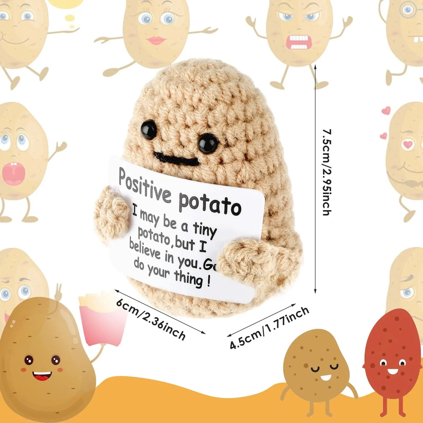 Peluche Pomme de terre Énergie positive – Décoration de chambre tricotée à la main en laine avec carte d'inspiration, cadeau de Noël mignon et amusant et ornement de bureau