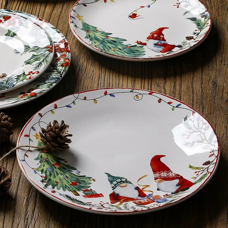 Christmas Ceramic Dinner Plate Set – Round Underglaze Flat Plates for Dim Sum, Sushi, Dining & Decorative Tableware