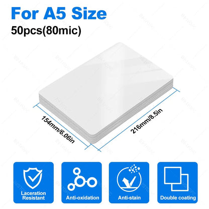 50 Sheets Laminating Film – 80 Micron PET/EVA Thermal Lamination Pouches for 3R, 4R, 5R, A6, A5 & A4, Photos, Files, Cards & Menus