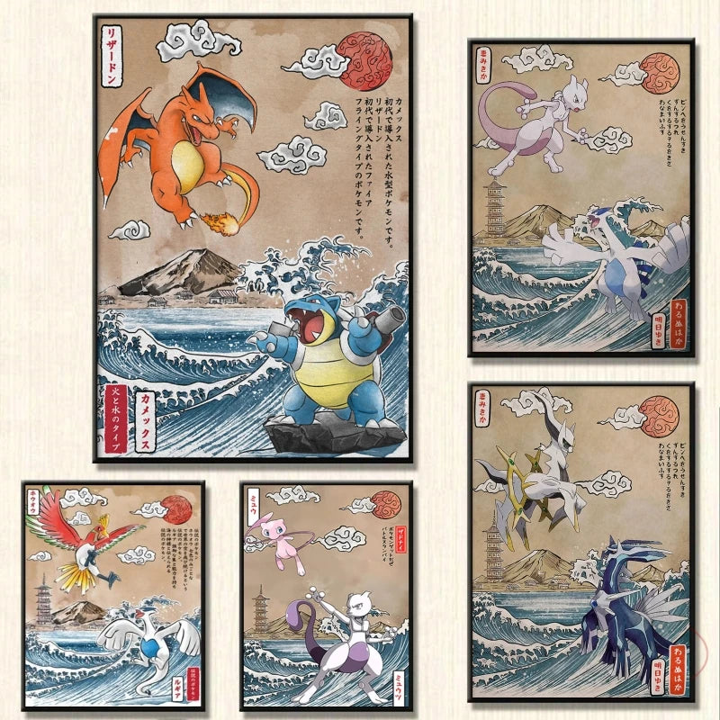 Pokémon Dracaufeu & Tortank Impression sur Toile Décoration Murale Tableau Poster HD pour Salon Maison