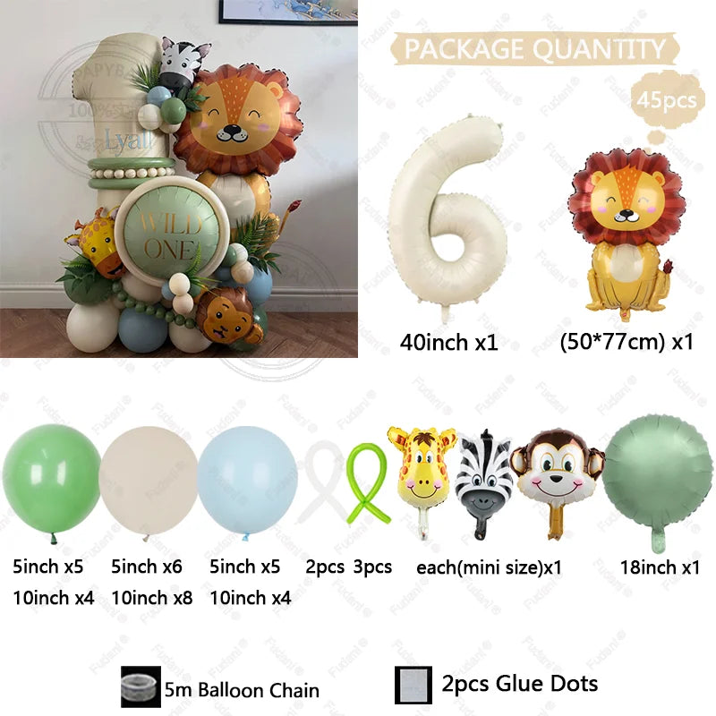 45PCS Jungle Animal Balloon Set – Lion & Giraffe Cream White Number Balloons for Birthday Party Decorations | Safari Theme Celebration Supplies