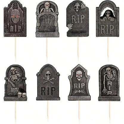 Multi-Piece Halloween Cupcake Toppers – Tombstone & Graveyard Cake Decorations with Novelty Mini Shovel Spoons for Halloween Parties