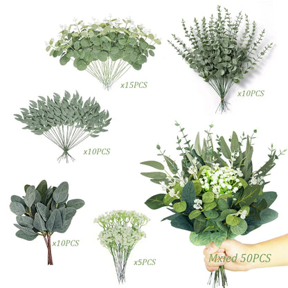 50/90 PIÈCES Bouquet de Fleurs Artificielles Eucalyptus – Mélange de Verdure Feuilles de Saule Argenté Eucalyptus pour Arrangements Floraux de Mariage & Décoration Intérieure DIY