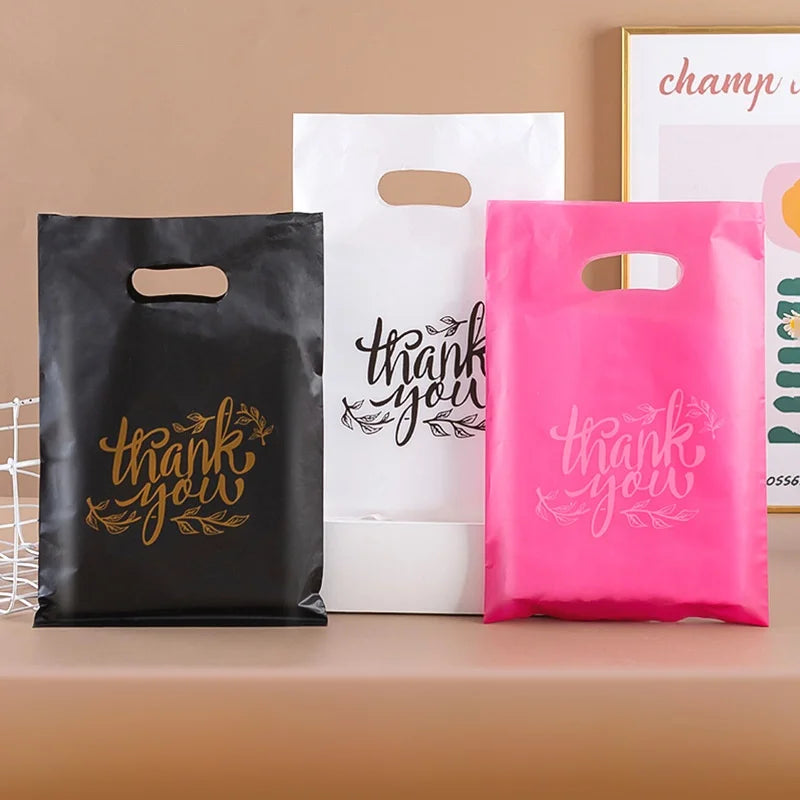 10/50/100 BOLSAS DE PLÁSTICO DE AGRADECIMIENTO – Bolsas de compras para pequeñas empresas, para bodas, cumpleaños, dulces, pasteles, tiendas minoristas y embalaje de regalos