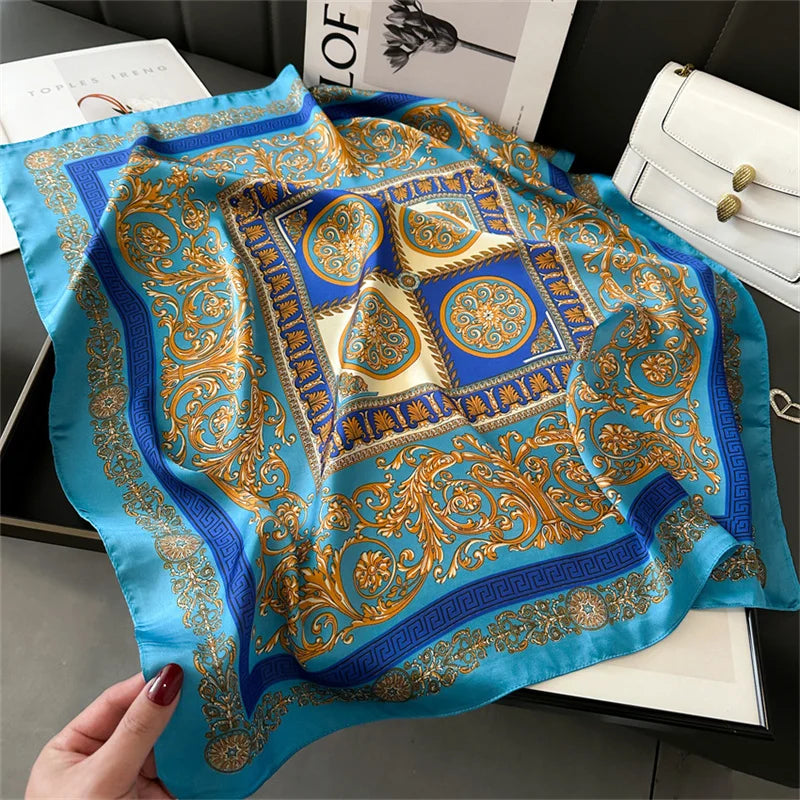 70x70CM Foulard en soie imprimé pour femme – Châle Pashmina carré tendance, tour de cou de luxe, bandeau et bandana décoratif