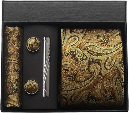 Corbata de seda 100% con diseño floral de Paisley para hombre con pañuelo de bolsillo, pasador de corbata y gemelos en caja de regalo