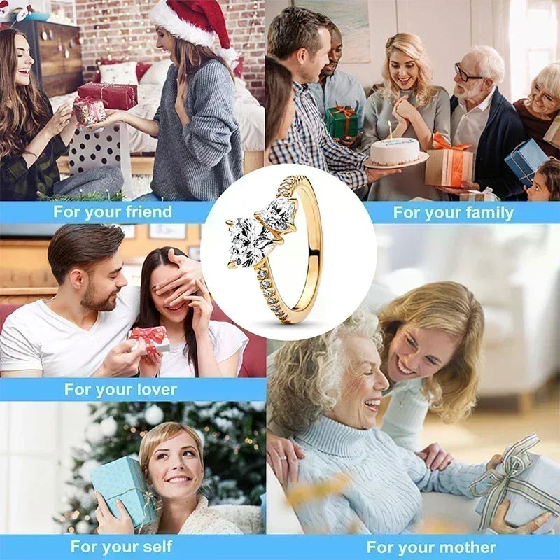 Anillo de moda ajustable con corona de corazón de plata de ley 925 chapado en oro con purpurina para mujer