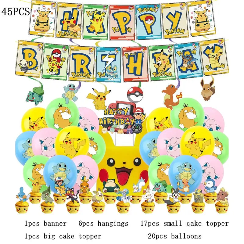 Pokémon Theme Birthday Party Decorations – Cartoon Pokémon Go Tableware Set (Cups, Plates & Pikachu Balloons) for Baby Shower & Party Favors