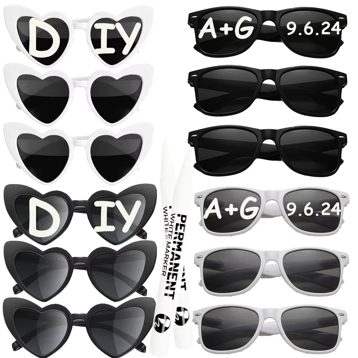 12–120PCS Personalized Heart Sunglasses with Pen – Wedding & Bachelorette Party Favors, Bridal Party Photo Props & Gifts