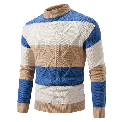 Men’s Patchwork Knitted Sweater – Mock Neck Long Sleeve Pullover for Autumn & Winter, Youthful Casual Fashion Knitwear