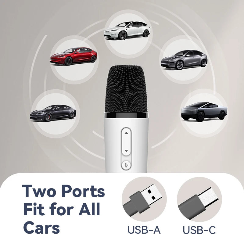T1 Tesla Car Karaoke Microphone – Rechargeable Wireless Mic with USB-A & USB-C Receiver, Plug-and-Play No Pairing Required