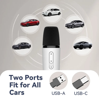 T1 Tesla Car Karaoke Microphone – Rechargeable Wireless Mic with USB-A & USB-C Receiver, Plug-and-Play No Pairing Required