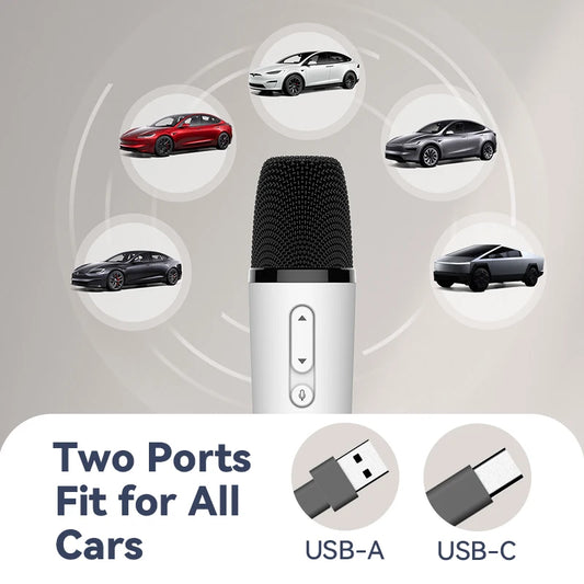 T1 Tesla Car Karaoke Microphone – Rechargeable Wireless Mic with USB-A & USB-C Receiver, Plug-and-Play No Pairing Required